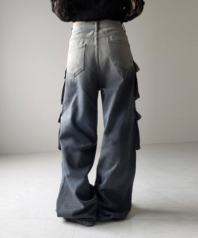 【 ３color ／４size 】オーバーダイグラデーションヴィンテージワイドカーゴデニム ／ overdyed gradation vintage wide cargo denim