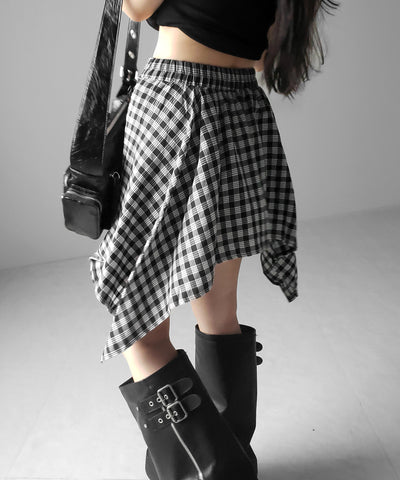 【 選べる２素材／インナーパンツ裏地付 】シャツレイヤードチェックミニスカート ／ shirt layered check mini skirt