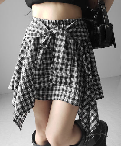 【 選べる２素材／インナーパンツ裏地付 】シャツレイヤードチェックミニスカート ／ shirt layered check mini skirt
