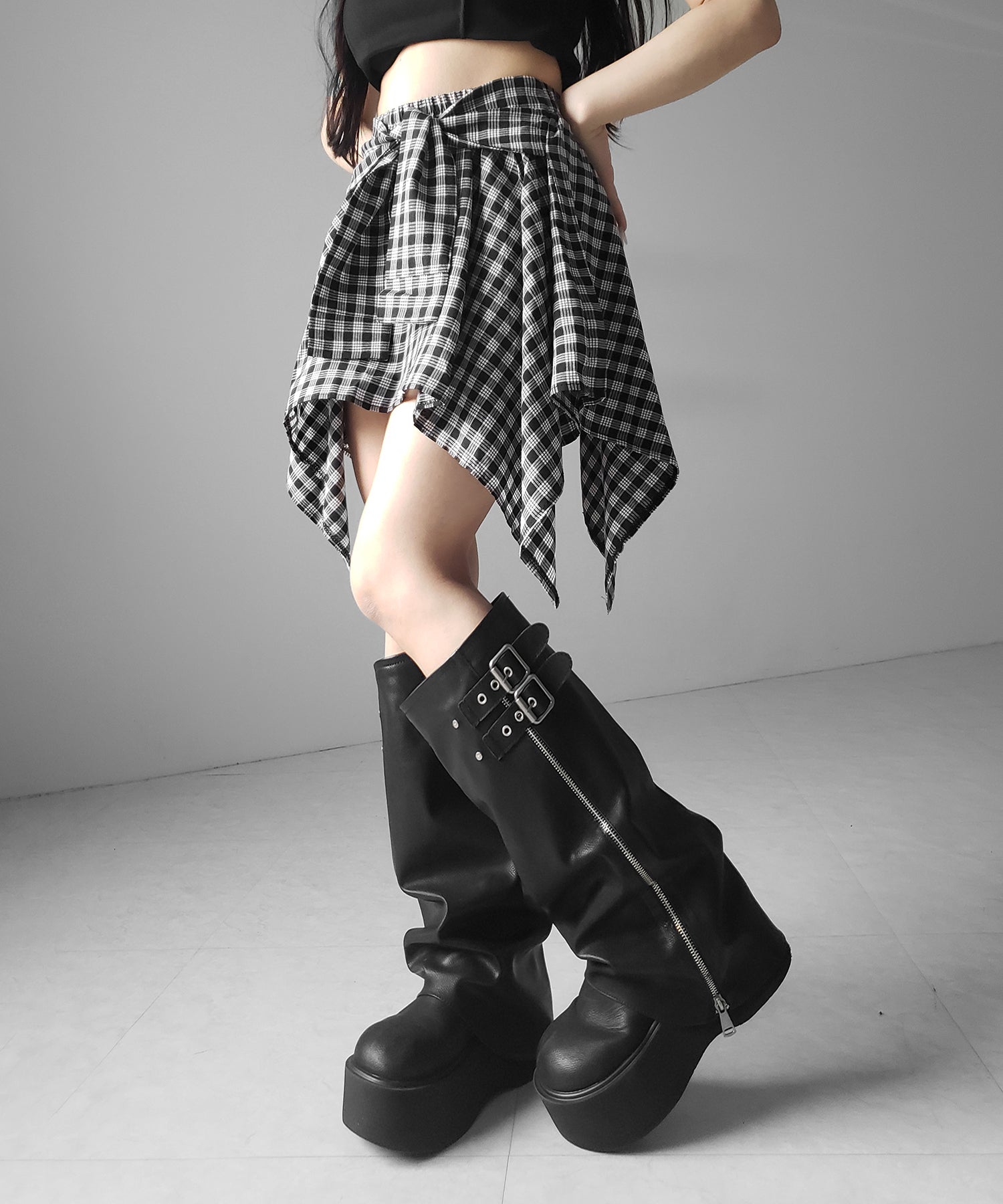 【 選べる２素材／インナーパンツ裏地付 】シャツレイヤードチェックミニスカート ／ shirt layered check mini skirt