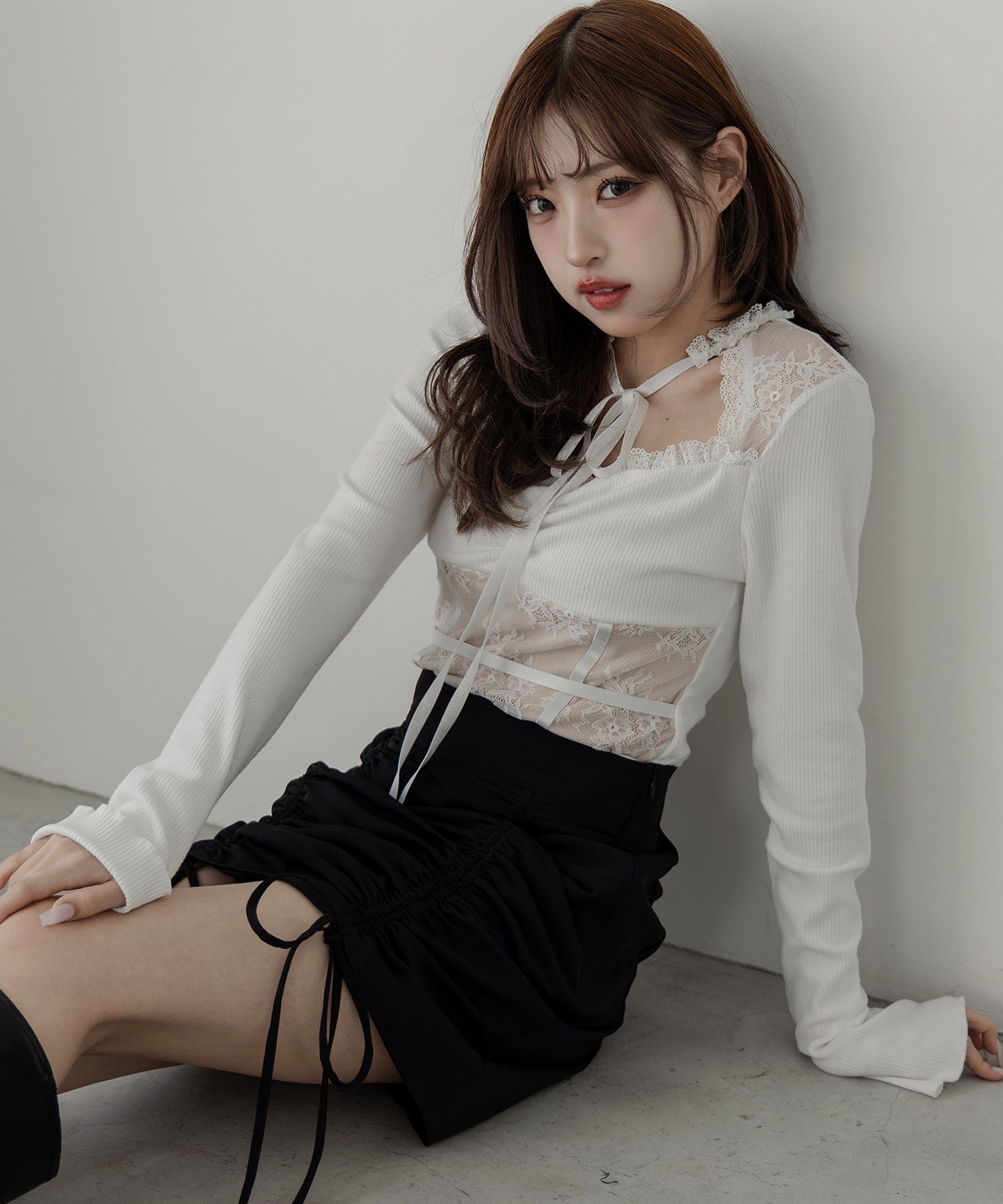 【 ２color 】チョーカーネックリボンレーシーカットソートップス ／ choker neck ribbon lacy cutsaw tops