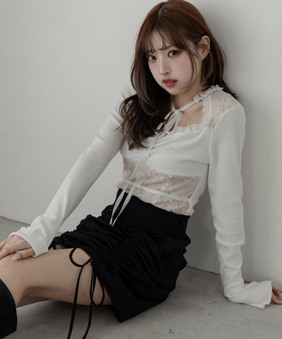 【 ２color 】チョーカーネックリボンレーシーカットソートップス ／ choker neck ribbon lacy cutsaw tops