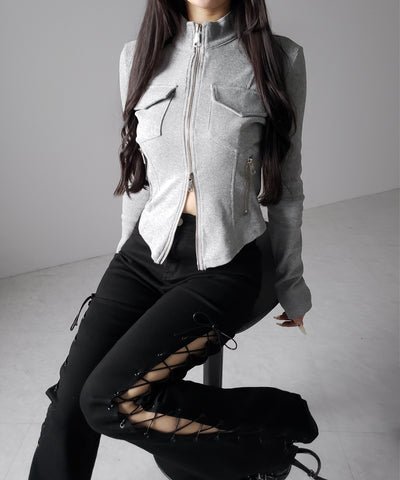 アウトポケットダブルジップスリムリブトップス ／ out pocket double zip slim ribbed tops