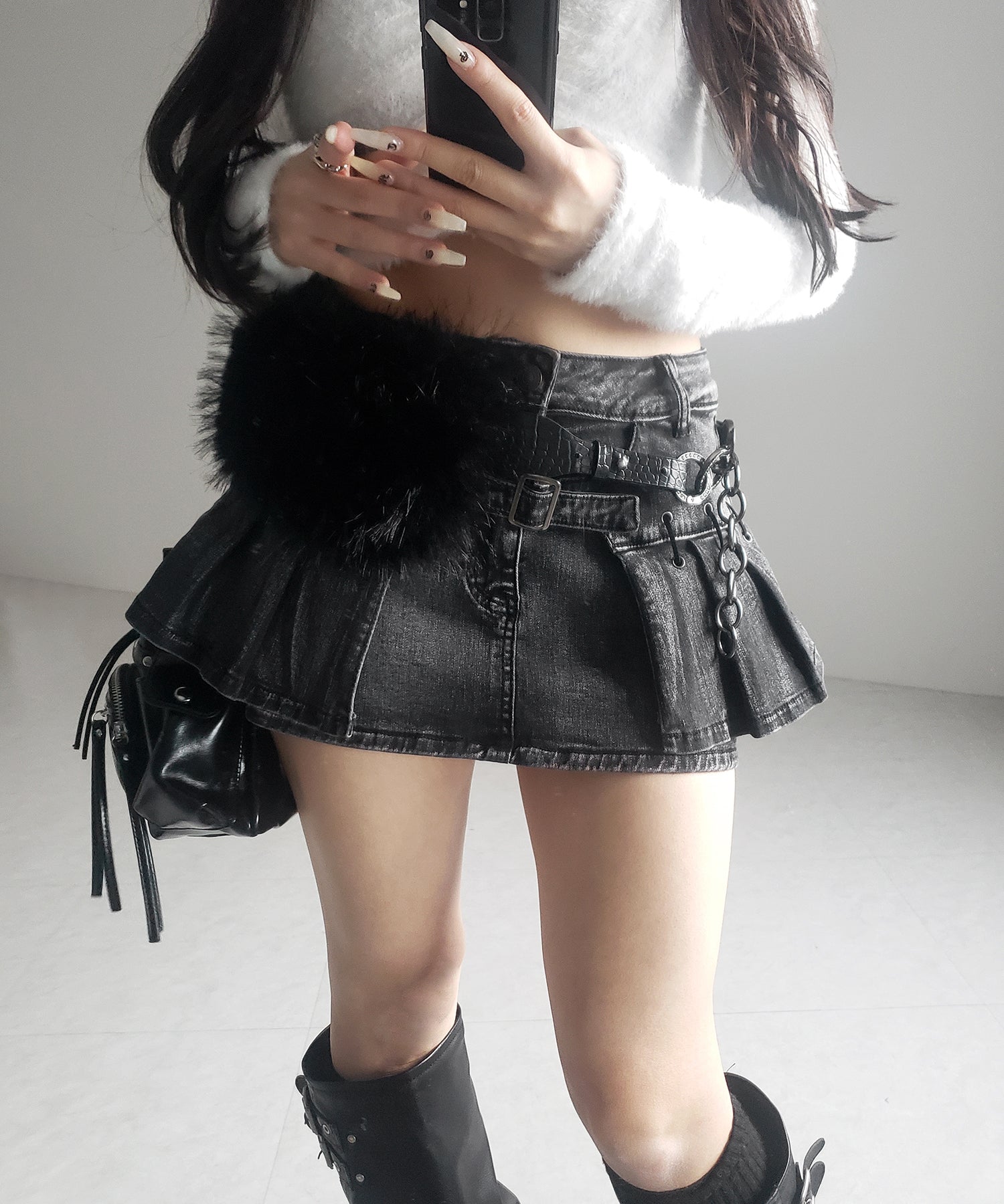 【 インパン裏地付 】ベルテッドマイクロプリーツデニムミニスカパン ／ belted micro pleats denim skirt pants