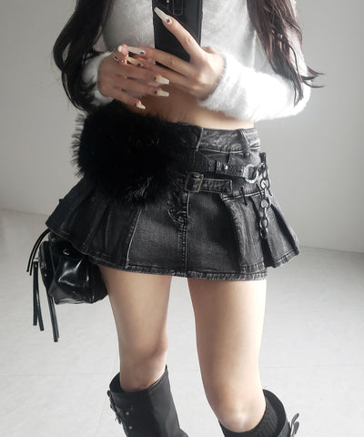 【 インパン裏地付 】ベルテッドマイクロプリーツデニムミニスカパン ／ belted micro pleats denim skirt pants