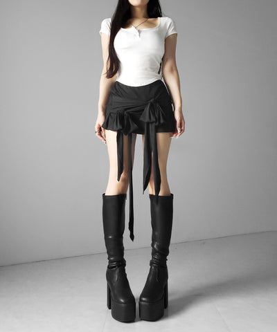 ダブルレイヤードリボンドレープミニスカパン ／ double layered ribbon draped mini skirt pants