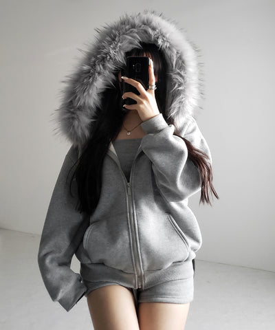 【 セットアップ 】裏起毛ファーフードオーバージップパーカー＆スウェットショートパンツ ／ Urakimo fur over zip hoodie ＆ sweat short pants SETUP