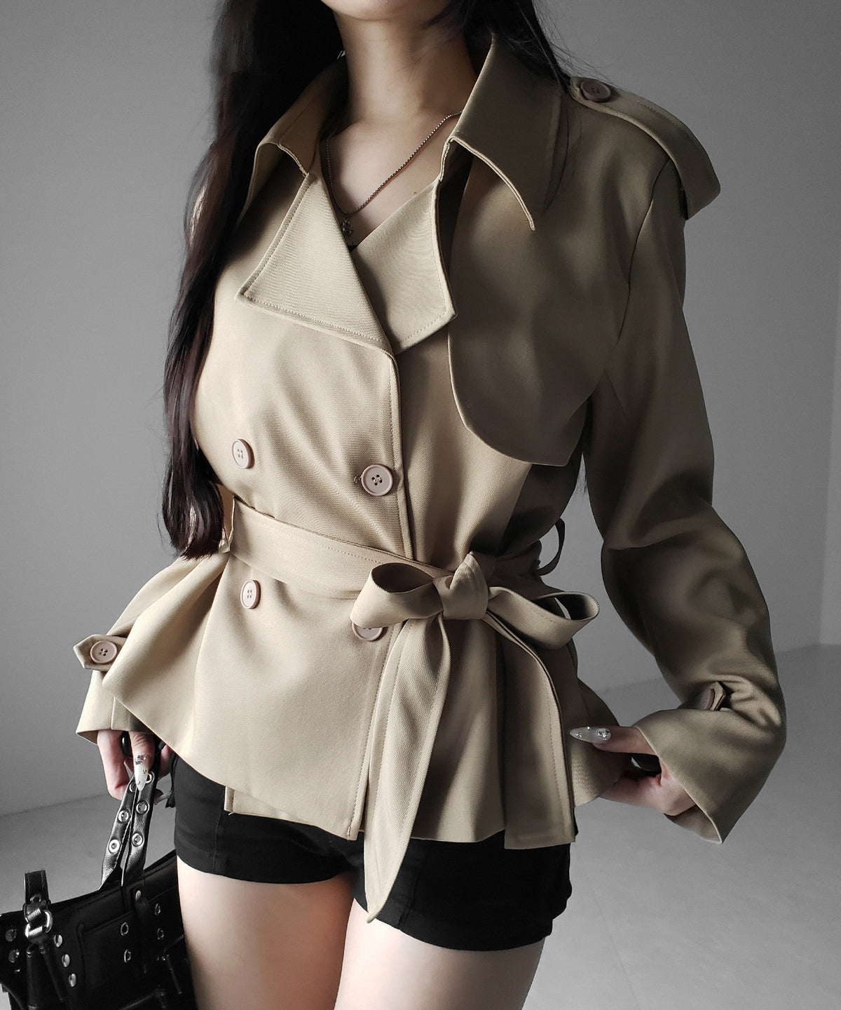 【 上下セットアップ 】ウエストマークショートトレンチコート ＋ タックワイドスラックスパンツ SETUP ／ Waist-mark short trench coat + tuck wide slacks pants