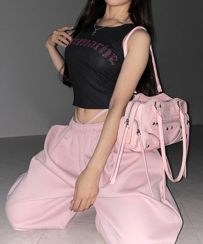 ラインストーンロゴリブタンクトップ／Rhinestone logo ribbed tank top