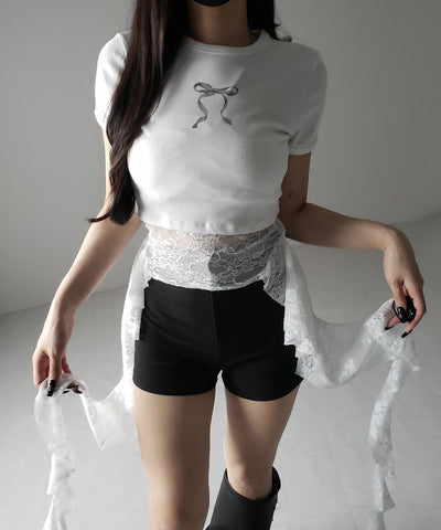 【 ２color 】アシンメトリーフリルレースベアトップス ／ asymmetry frill lace bare tops