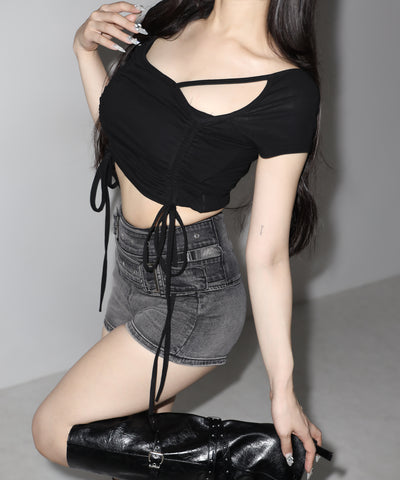 ダブルベルテッドマイクロミニデニムショートパンツ ／ double belted micro mini denim short pants