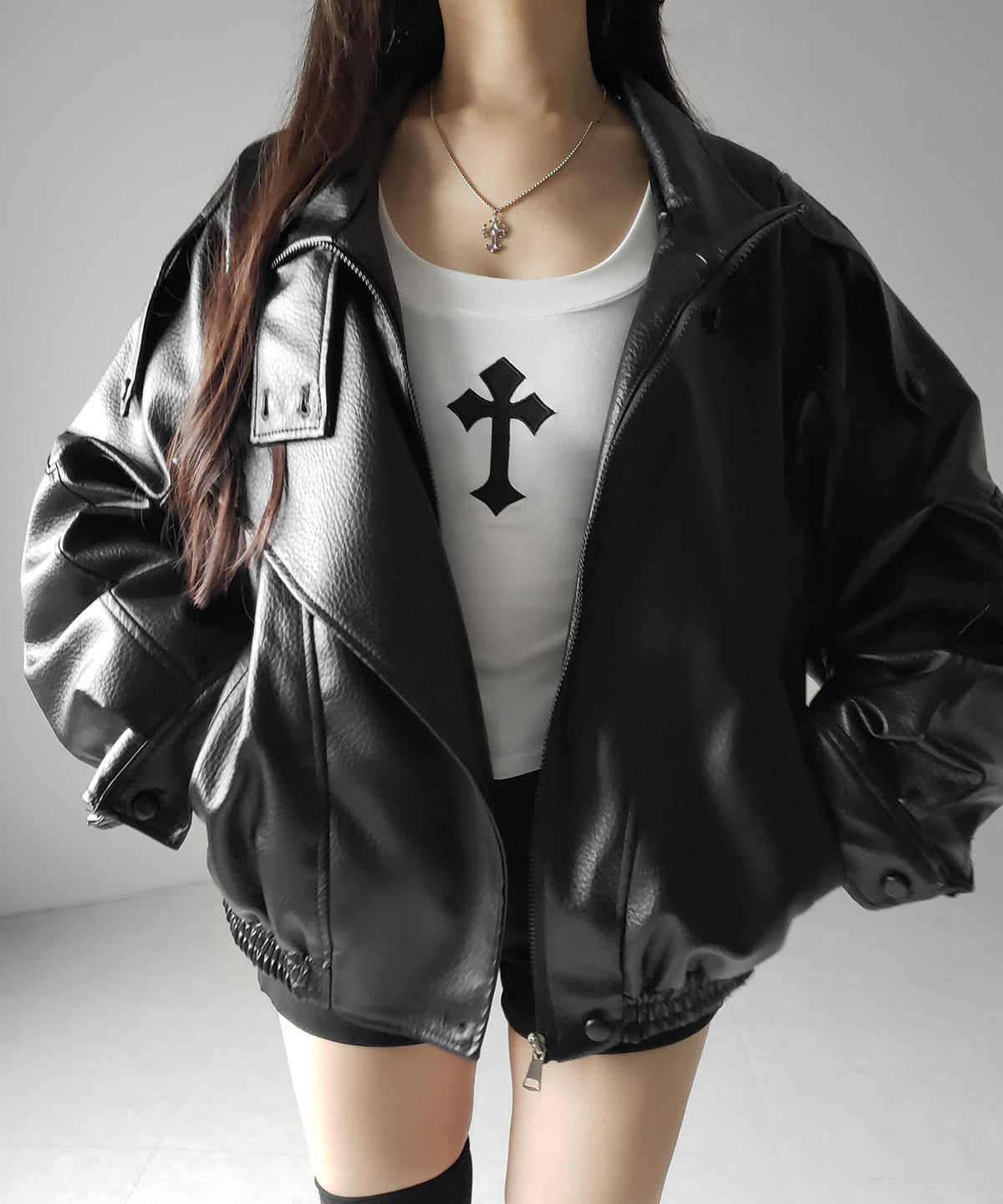 ヴィンテージフェイクレザースタンドカラージップアップブルゾン ／ 2WAY vintage fake leather stand collar zipup blouson