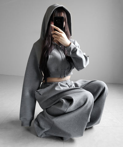 【 セットアップ 】ダブルジップショートパーカー ＋ タックワイドスウェットパンツ SET ／ double zip short hoodie + tuck wide sweat pants SET