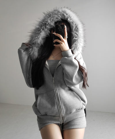 【 セットアップ 】裏起毛ファーフードオーバージップパーカー＆スウェットショートパンツ ／ Urakimo fur over zip hoodie ＆ sweat short pants SETUP