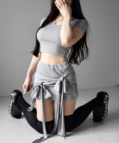 ダブルレイヤードリボンドレープミニスカパン ／ double layered ribbon draped mini skirt pants