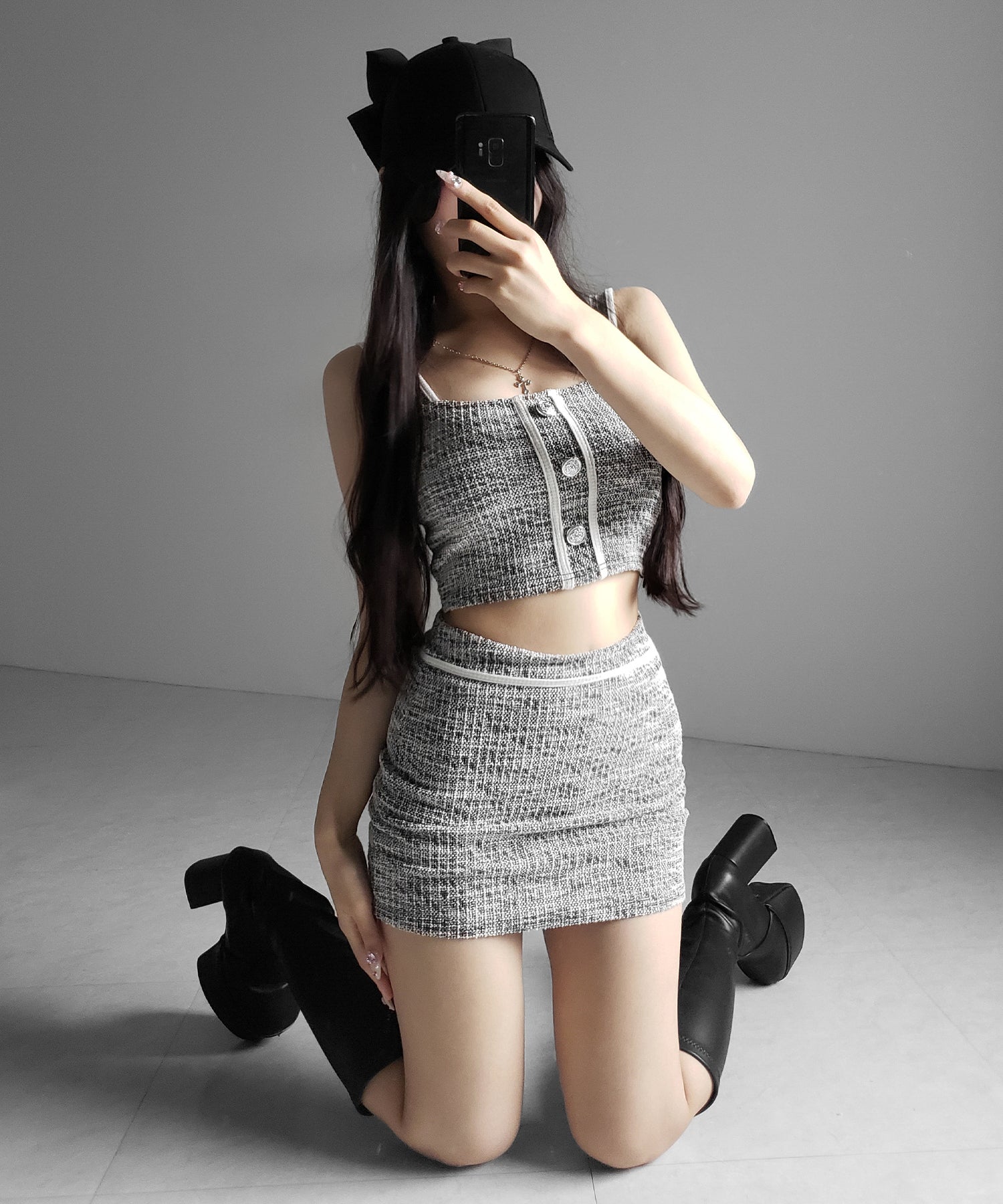 【 セットアップ】ツイードボタンショートビスチェ ＋ ミニスカート ＳＥＴ ／ 【 SETUP 】tweed button short buister ＋ mini skirt SET