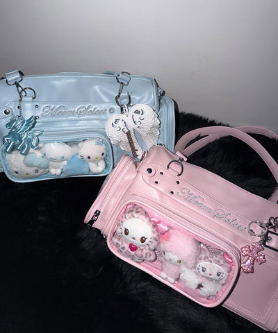 クリアポケット付きレタリング刺繍ショルダーバッグ ／ clear pocket lettering embroidery shoulder bag