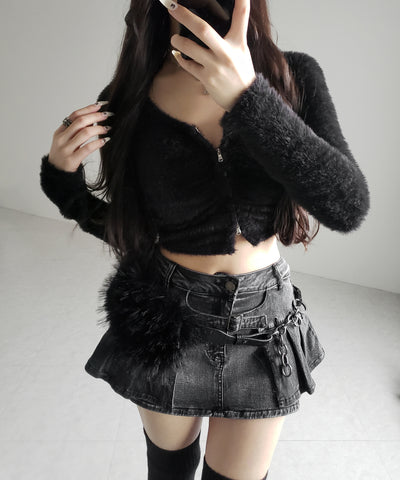 【 インパン裏地付 】ベルテッドマイクロプリーツデニムミニスカパン ／ belted micro pleats denim skirt pants