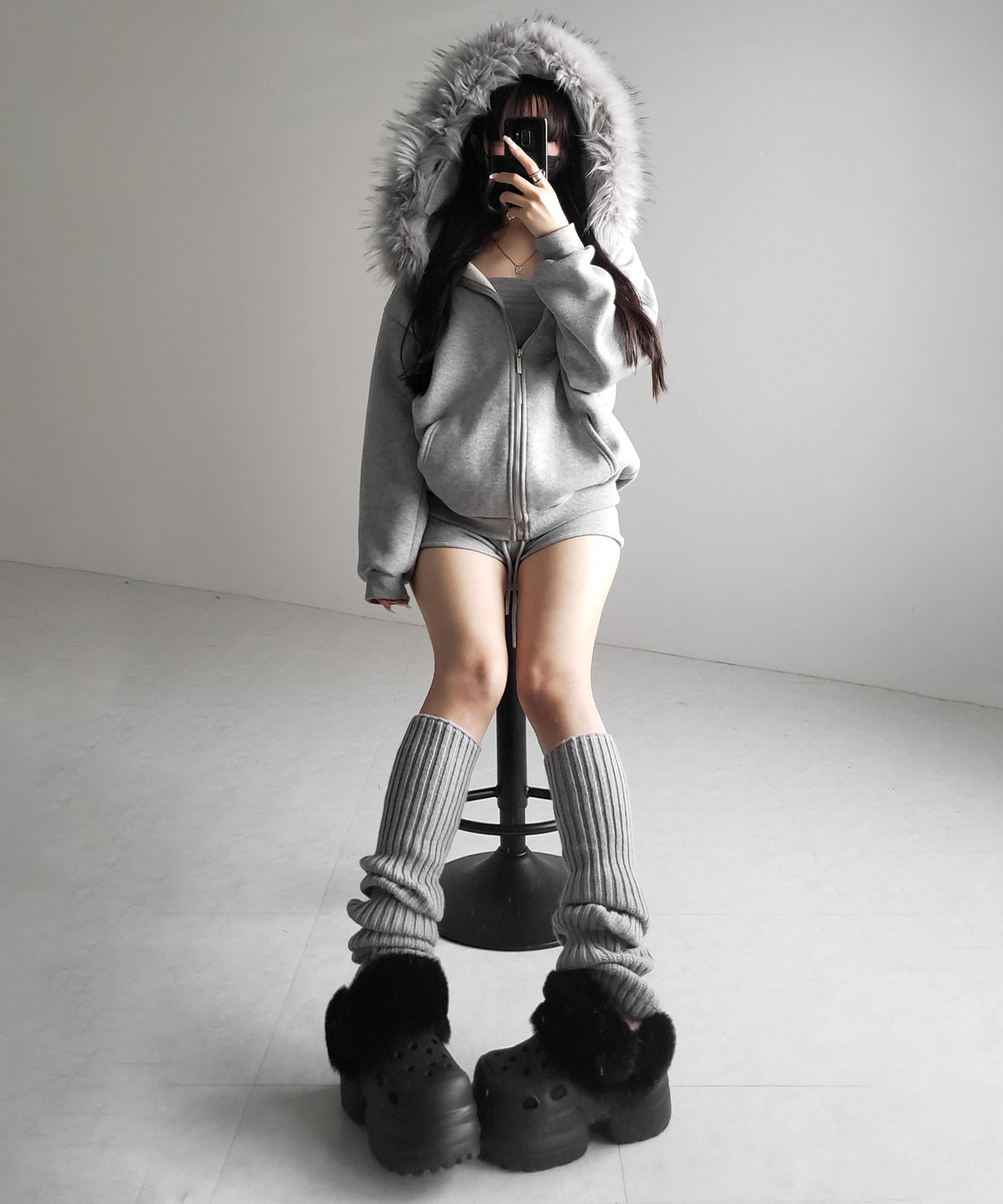 【 セットアップ 】裏起毛ファーフードオーバージップパーカー＆スウェットショートパンツ ／ Urakimo fur over zip hoodie ＆ sweat short pants SETUP