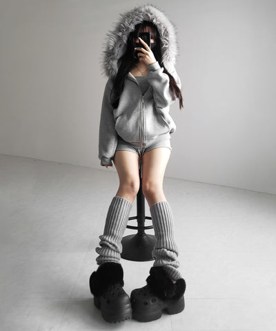 【 セットアップ 】裏起毛ファーフードオーバージップパーカー＆スウェットショートパンツ ／ Urakimo fur over zip hoodie ＆ sweat short pants SETUP