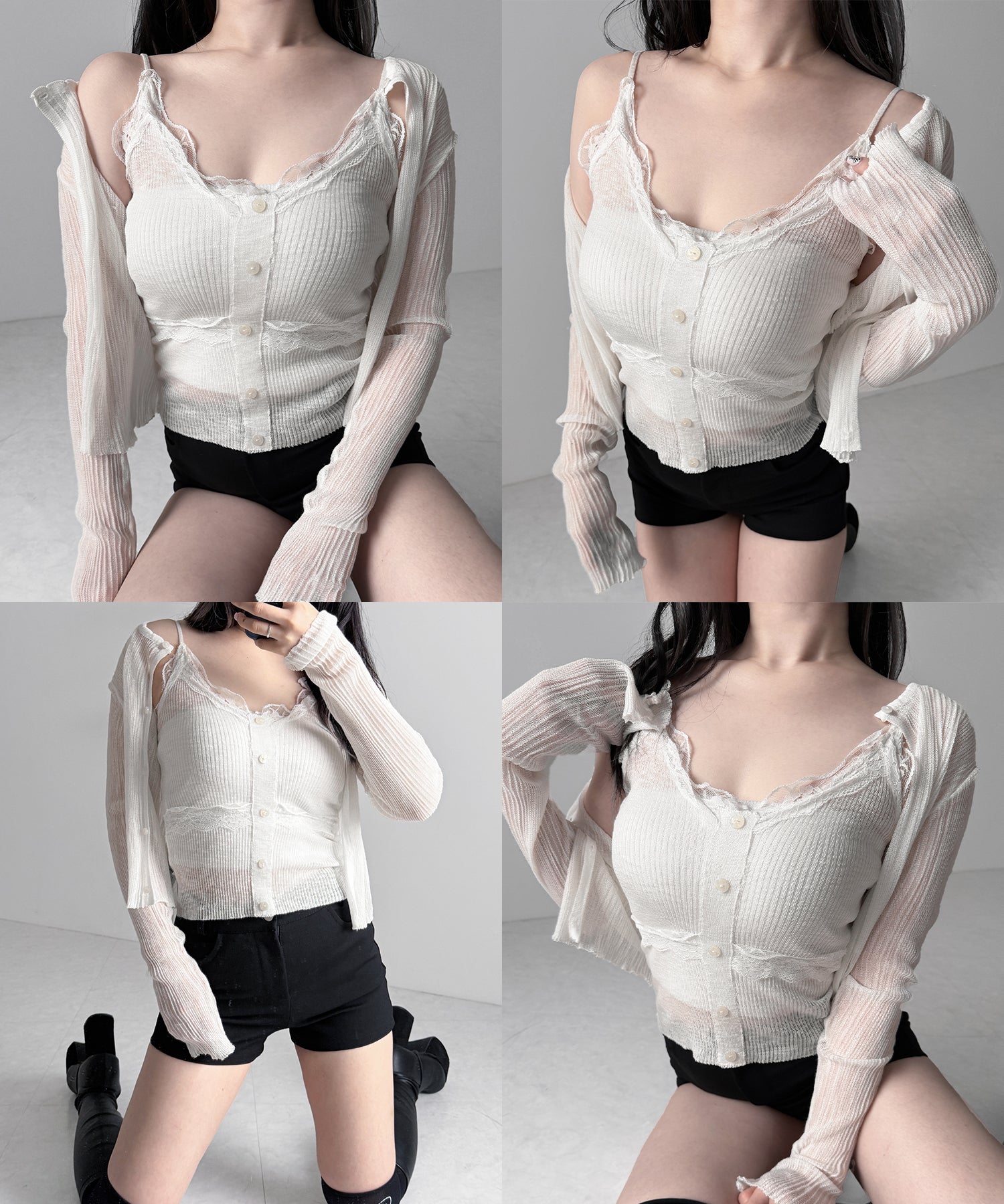 【 2点セット 】フロントレースシアーニットキャミソール ＋カーディガン SET / front lace sheer knit camisole + cardigan set