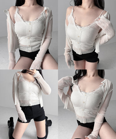 【 2点セット 】フロントレースシアーニットキャミソール ＋カーディガン SET / front lace sheer knit camisole + cardigan set