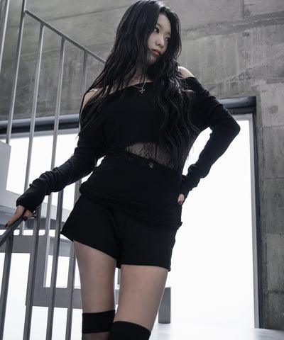 【 ２color 】ウエストレースカットアウトオフショルトップス ／ waist lace cutout offshoulder tops