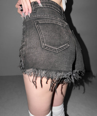 ラインストーンクラッシュダメージデニムショートパンツ／Rhinestone crash damage denim short pants