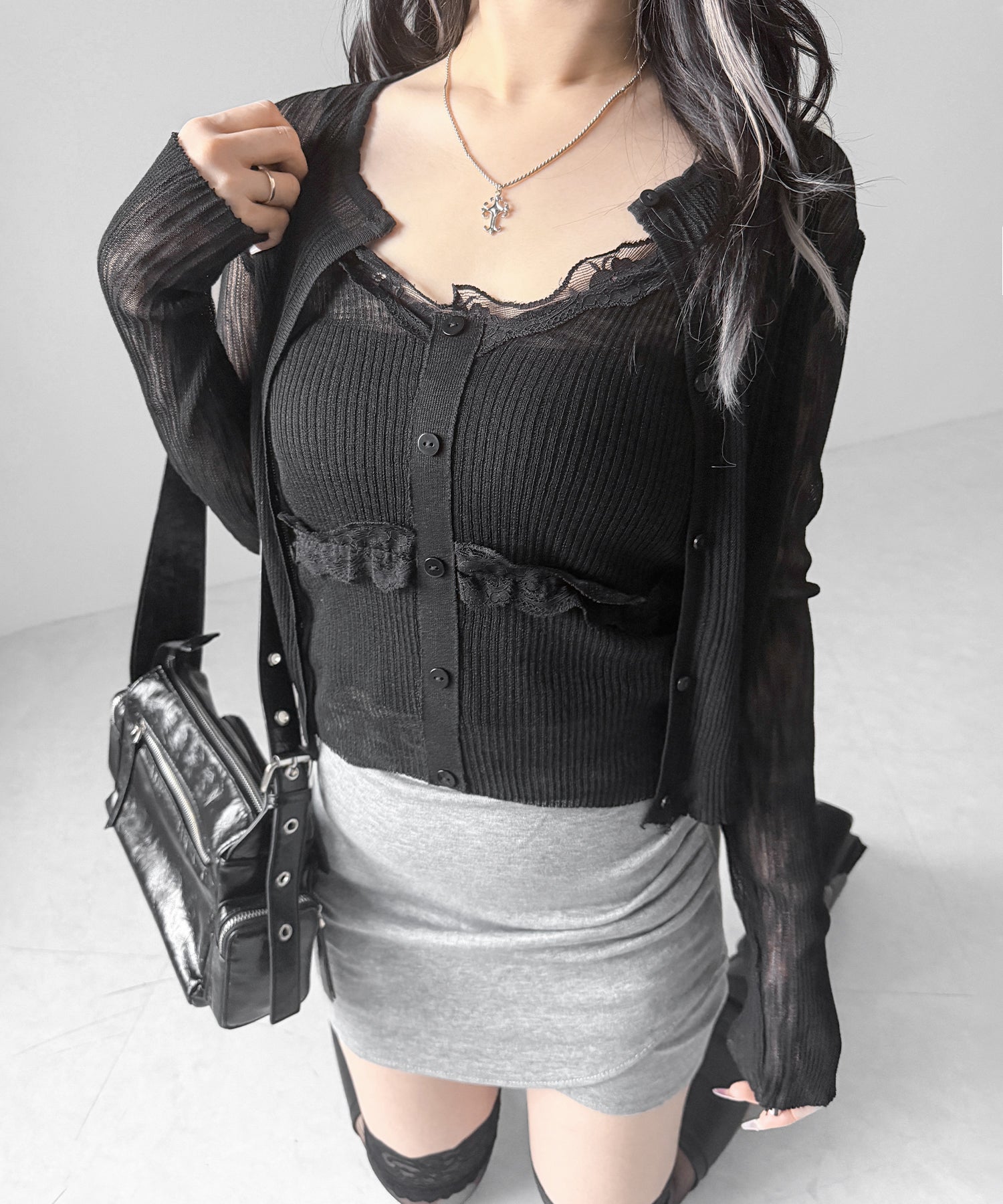 【 2点セット 】フロントレースシアーニットキャミソール ＋カーディガン SET / front lace sheer knit camisole + cardigan set