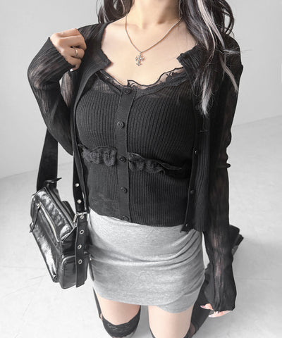 【 2点セット 】フロントレースシアーニットキャミソール ＋カーディガン SET / front lace sheer knit camisole + cardigan set
