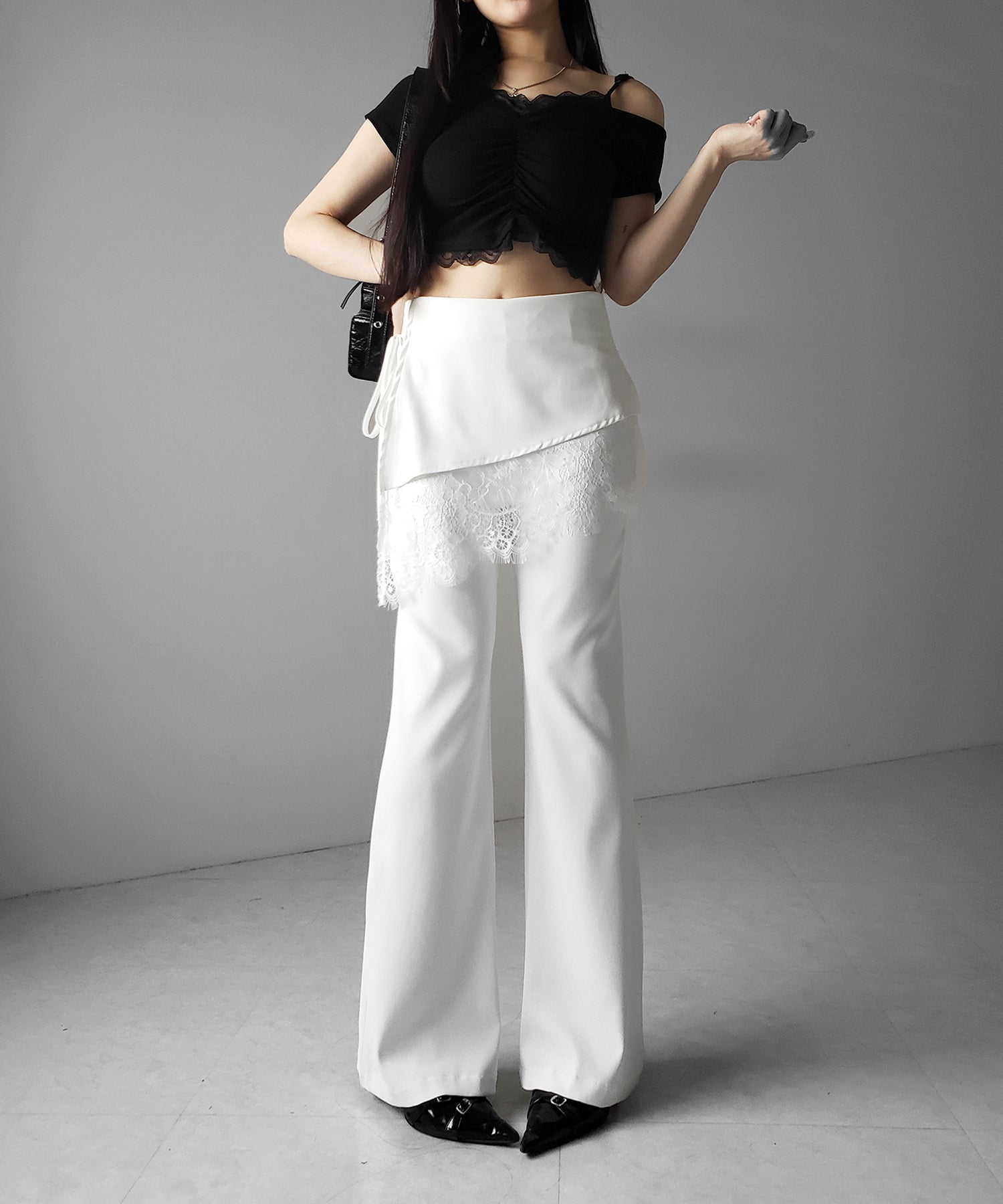 【３size 】レースレイヤードサイドリボンラップフレアスラックス ／ lace layered side ribbon wrap flare slacks