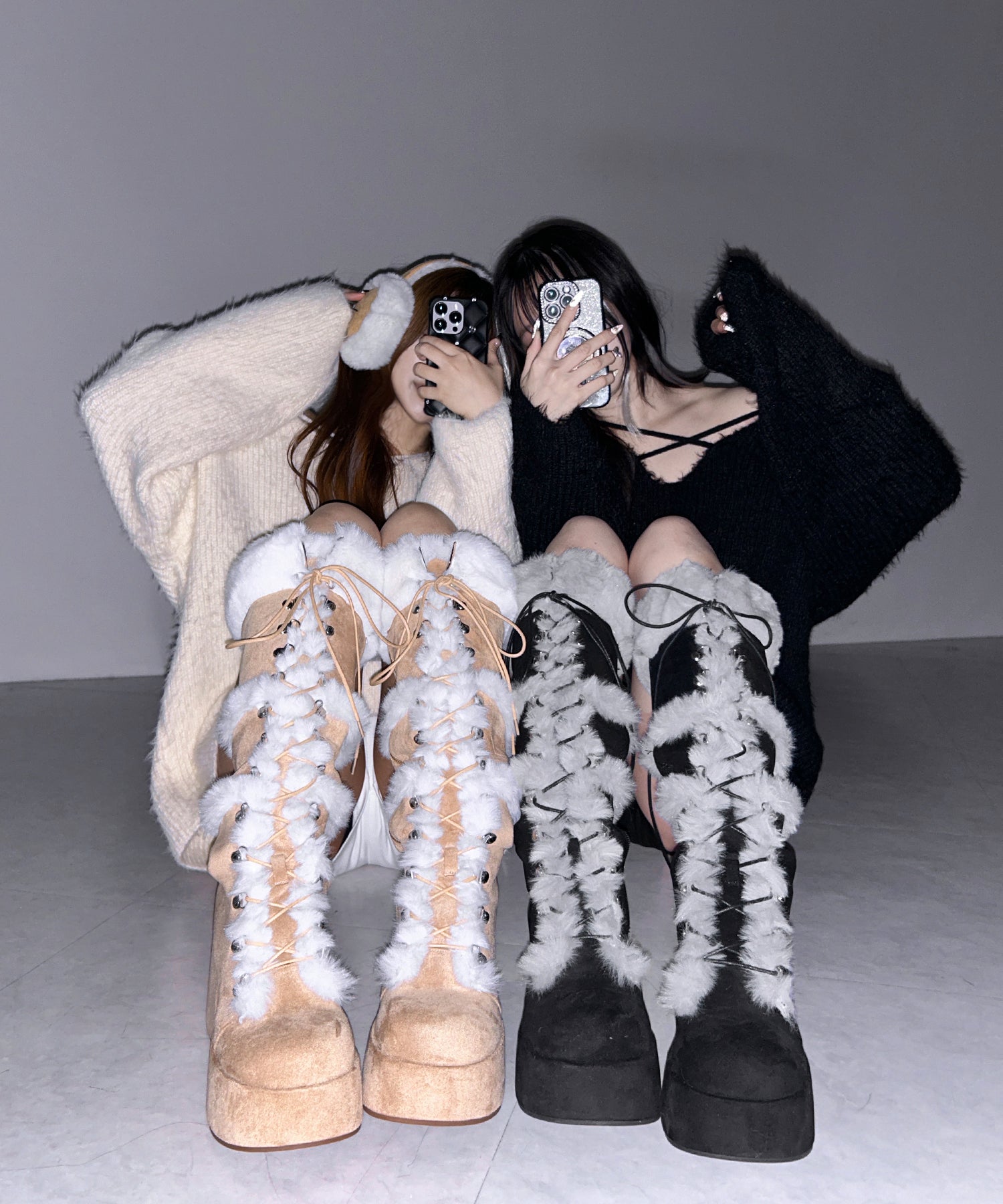 厚底レースアップムートンロングブーツ ／ platform laceup mouton long boots