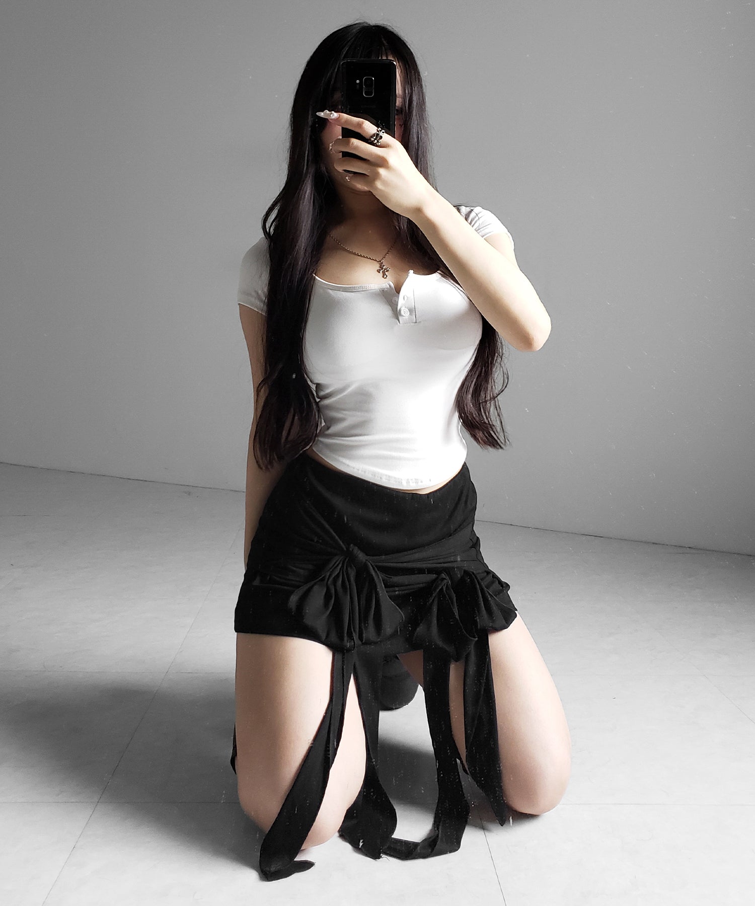 ダブルレイヤードリボンドレープミニスカパン ／ double layered ribbon draped mini skirt pants