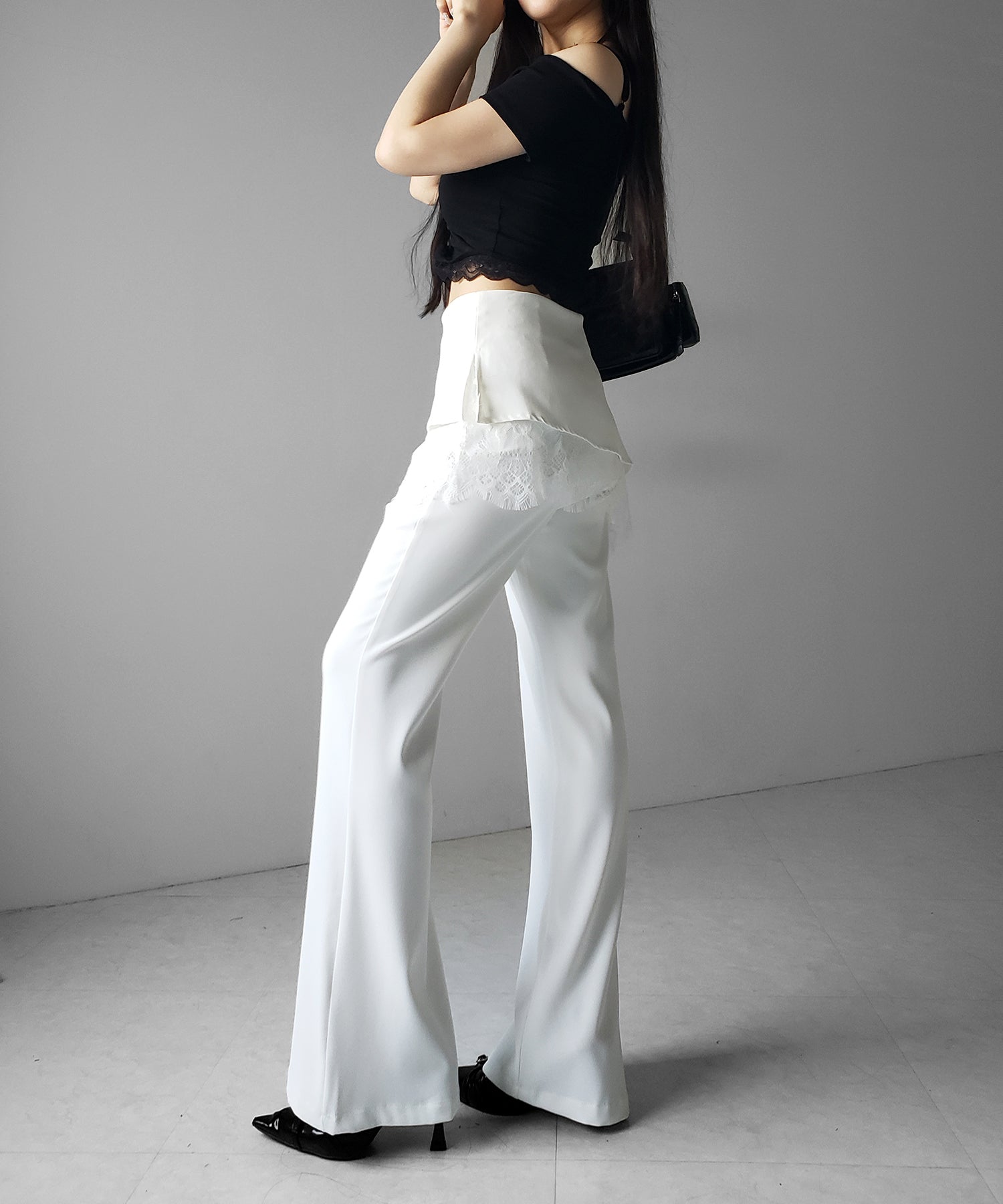 【３size 】レースレイヤードサイドリボンラップフレアスラックス ／ lace layered side ribbon wrap flare slacks