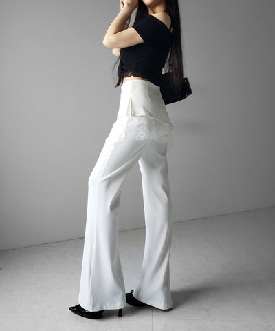 【３size 】レースレイヤードサイドリボンラップフレアスラックス ／ lace layered side ribbon wrap flare slacks