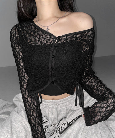ダブルシャーリングショートレースカーディガン ／ double shirring short lace cardigan
