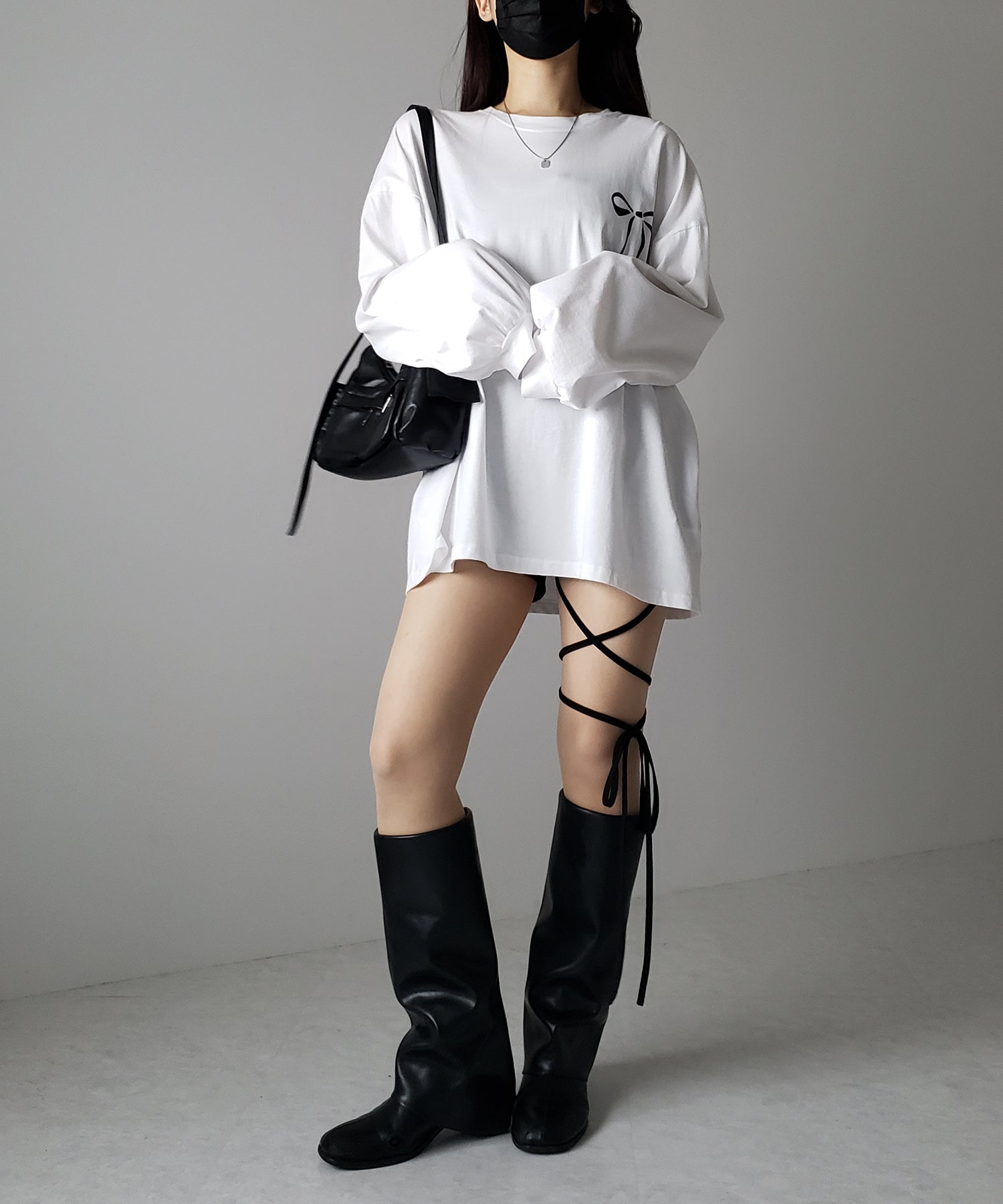 【 セルフカット調節可能 】クロスストラップリボンバイカーレギンスパンツ ／ cross strap ribbon biker leggings pants