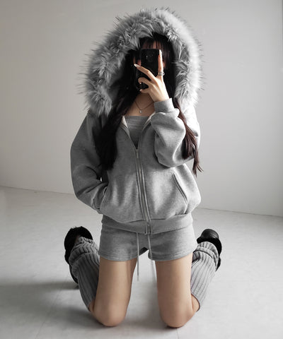 【 セットアップ 】裏起毛ファーフードオーバージップパーカー＆スウェットショートパンツ ／ Urakimo fur over zip hoodie ＆ sweat short pants SETUP
