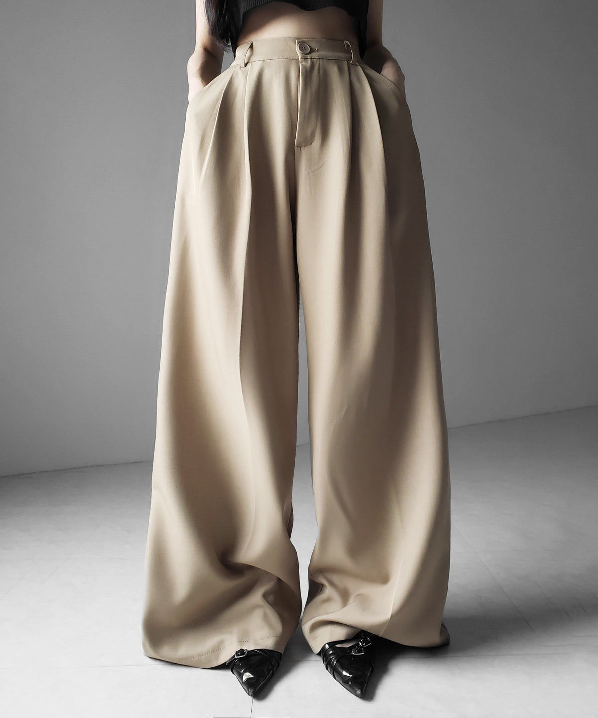 【 上下セットアップ 】ウエストマークショートトレンチコート ＋ タックワイドスラックスパンツ SETUP ／ Waist-mark short trench coat + tuck wide slacks pants