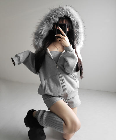 【 セットアップ 】裏起毛ファーフードオーバージップパーカー＆スウェットショートパンツ ／ Urakimo fur over zip hoodie ＆ sweat short pants SETUP