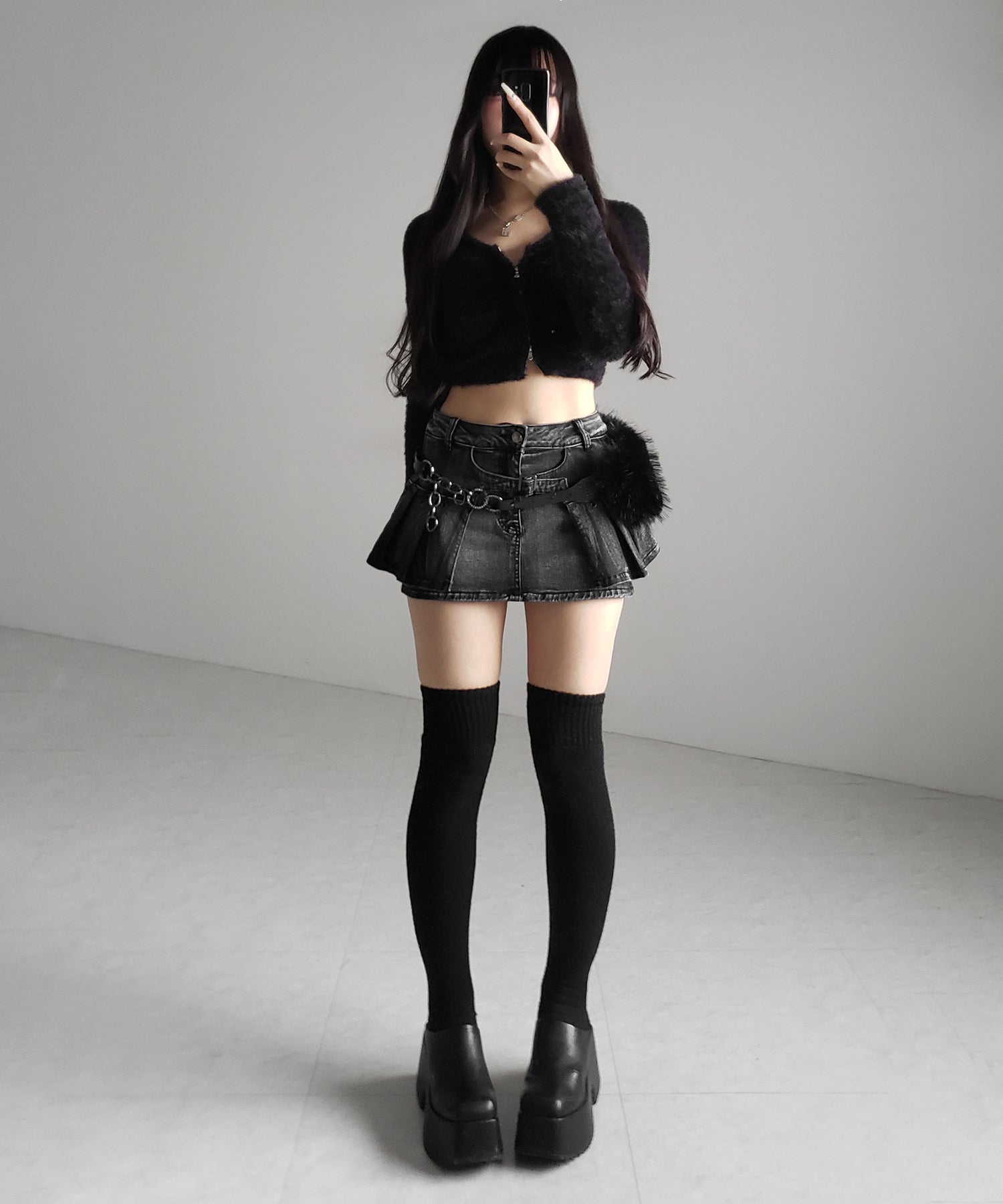 【 インパン裏地付 】ベルテッドマイクロプリーツデニムミニスカパン ／ belted micro pleats denim skirt pants