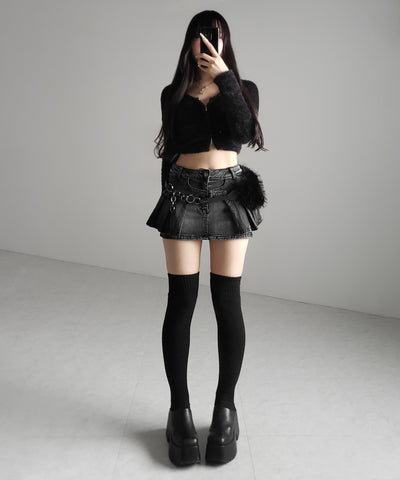 【 インパン裏地付 】ベルテッドマイクロプリーツデニムミニスカパン ／ belted micro pleats denim skirt pants