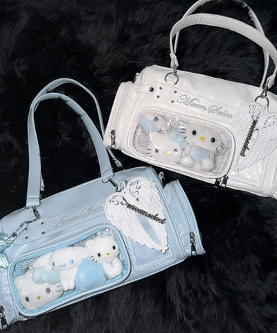 クリアポケット付きレタリング刺繍ショルダーバッグ ／ clear pocket lettering embroidery shoulder bag