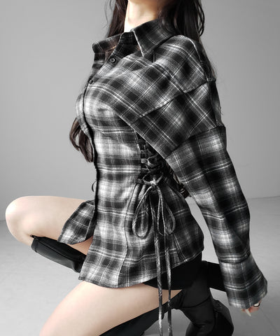 レースアップリボンスリムラインチェックネルシャツ ／ lace up ribbon slim line check flannel shirt