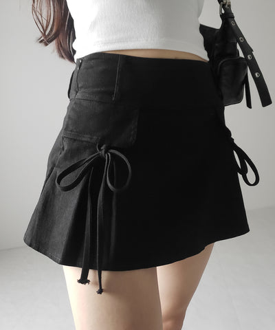 【 ２color ／ ３size 】ヴィンテージライクリボンデニムミニスカパン ／ vintage like ribbon denim mini skirt pants