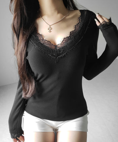 【 微起毛 】レーストリムタイトリブ長袖Ｔシャツ ／ lace trim tight rib long sleeve T-shirt