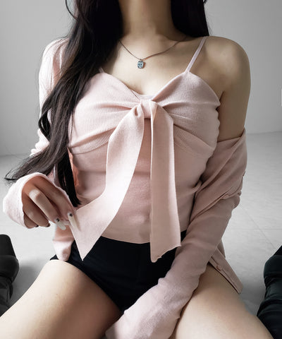 【 ２点セット 】リボンニットキャミソール ＋ カーディガンセット ／ribbon knit camisole + cardigan SET