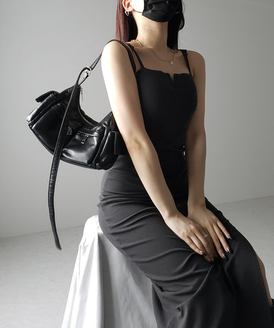 【 パッド付き 】バックストラップサイドシャーリングスリットロングキャミワンピース ／ back strap side shirring slit long cami onepiece