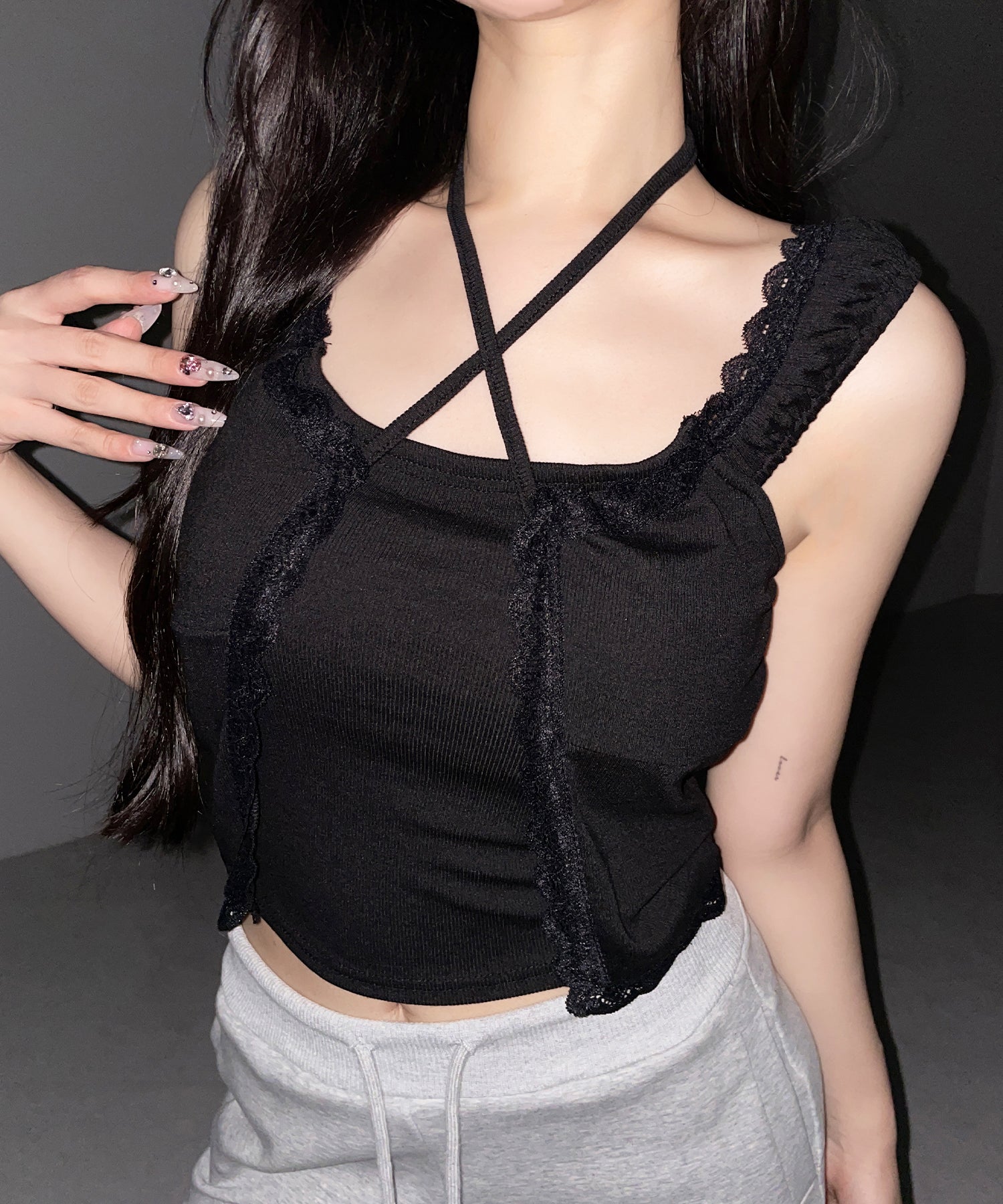 フロントリボンレイヤードリブキャミタンク ／ front ribbon layered lib camisole tank