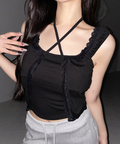 フロントリボンレイヤードリブキャミタンク ／ front ribbon layered lib camisole tank
